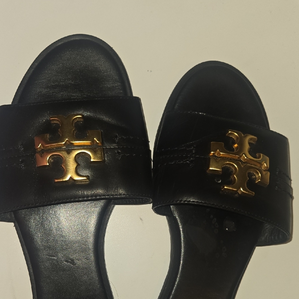 Tory Burch Black Slides with Gold Emblem